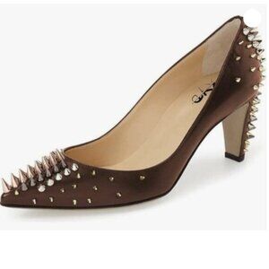 XYD Women Spikes Mid Heel Studded Pumps Pointed Closed Toe Rivets , Brown Shoes